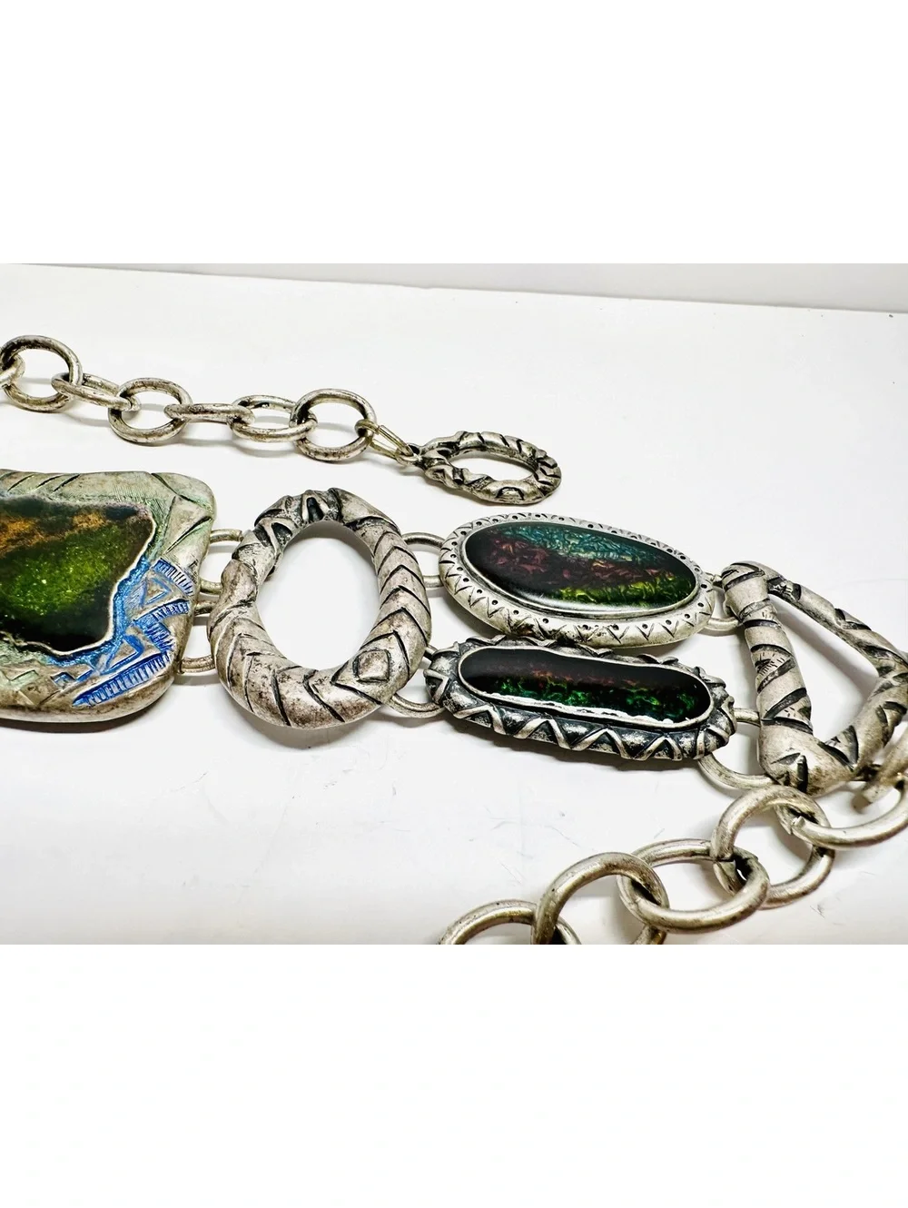 Vintage Chico’s Adjustable Chain Belt Enamel Dichroic Glass Metal Medallions